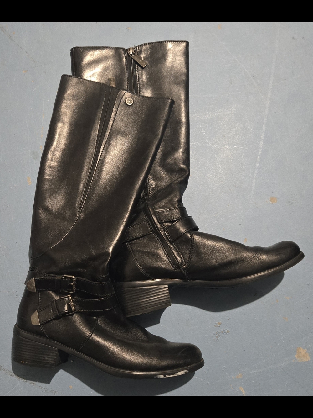 bussola Black Leather Mid-Calf Buckle Heeled Boots